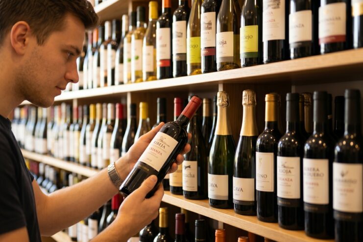 A man looking at a bottle of Spanish wine while standing in a wine store aisle