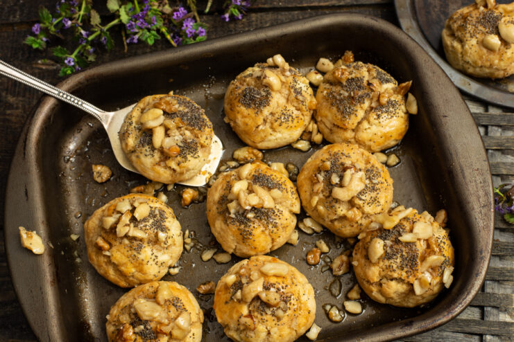 Soft honey nut cookies in a baking dish