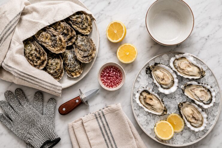 Oyster Shucking Tools And Ingredients Oyster shucking kit with knife protective glove fresh lemons and mignonette sauce