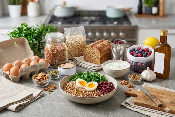 Basic grocery list for brain health An assortment of brain foods including grains, eggs, berries, nuts, and oil