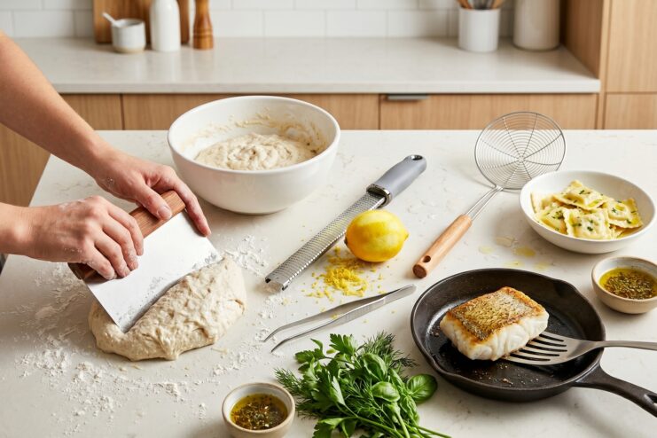 Top 10 essential kitchen tools on a table Professional kitchen tools arrangement including a bench scraper, grater, tweezers, and a spider skimmer on a table.