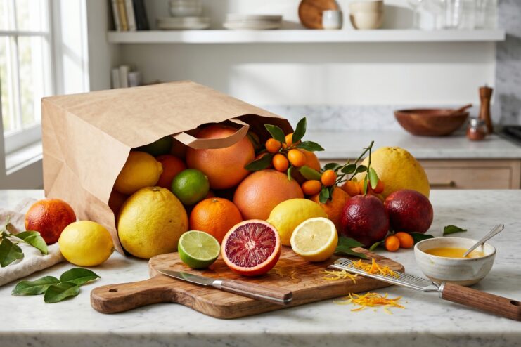 Selecting Fresh Citrus Fruits Various citrus fruits inside a brown paper bag and on a wooden cutting board