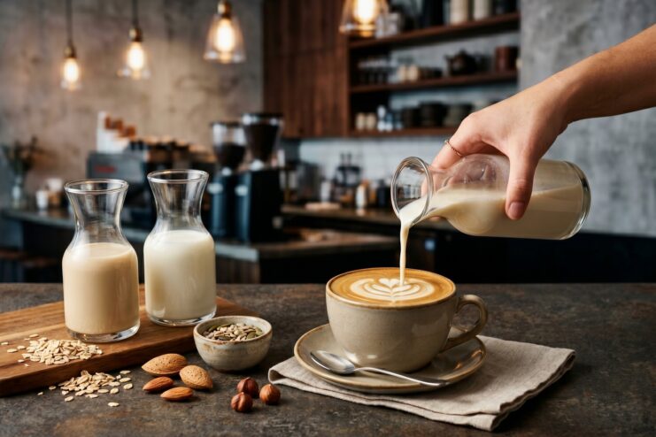 Barista pouring plant-based milk to create latte art in a cup of coffee