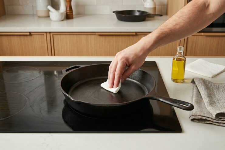 Creating a Protective Layer Applying a thin layer of oil to a cast-iron skillet surface with a paper towel.