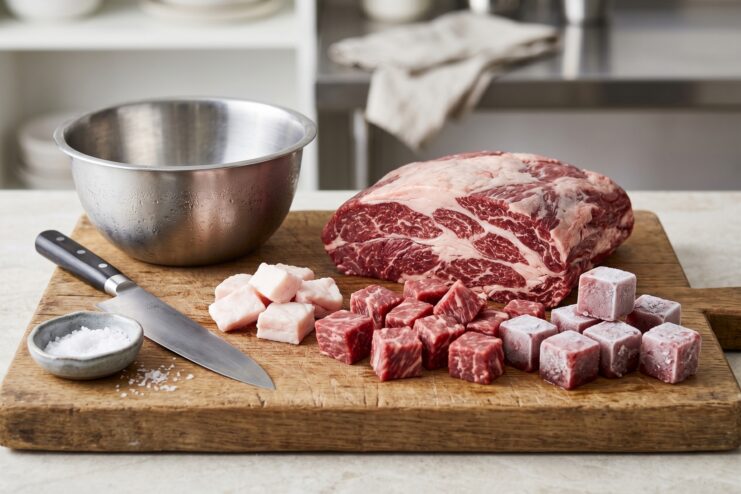 Diced raw beef and fat prepared for grinding Cubed raw beef and fat on a cutting board next to a chef's knife and coarse salt.