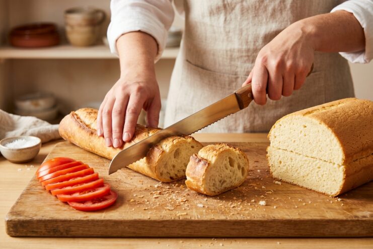 Slicing a crusty baked baguette using a long serrated bread knife