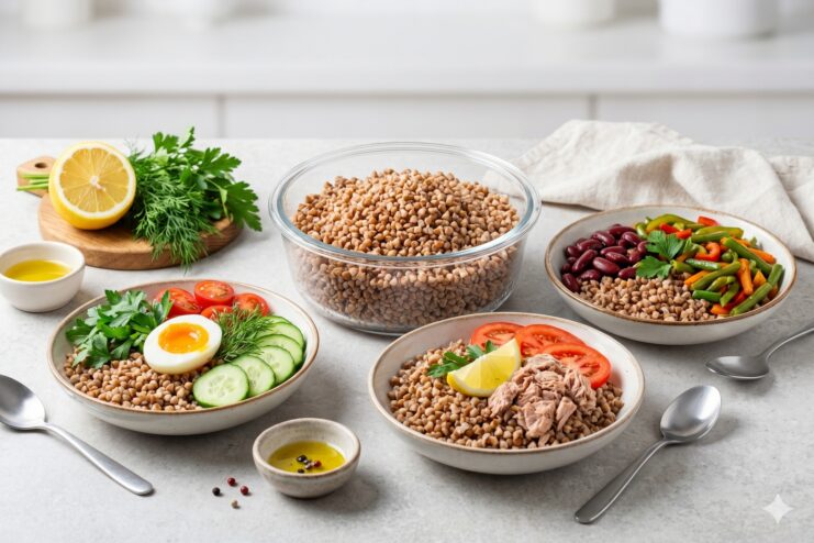 Buckwheat as the foundation of a healthy brain diet Multiple portions of buckwheat served with egg, vegetables, and tuna