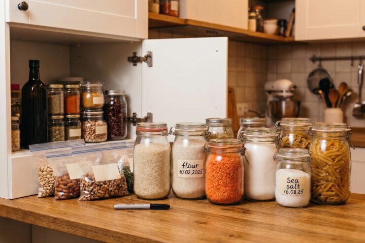 Organized storage of grains and nuts in glass jars with labeled dates on a kitchen shelf.