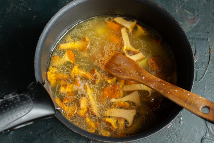 Simmering the broth Vegetables and chanterelles simmering in chicken broth in a pot