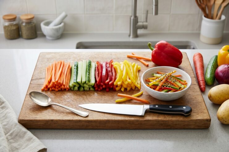 Julienned Vegetables for Salads and Woks Finely julienned carrots, cucumbers, and bell peppers alongside a finished Asian-style salad.