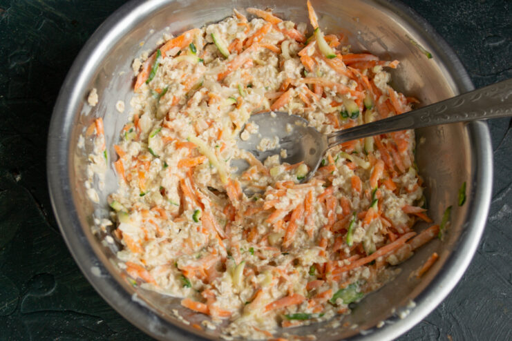 Resting the vegetable batter Vegetable and oat batter resting in a bowl
