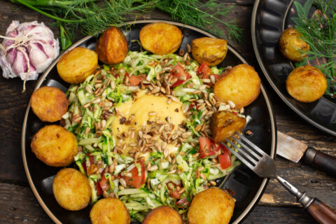 Fresh Vegetable Salad With Pan-Fried Potatoes and Homemade Mayonnaise
