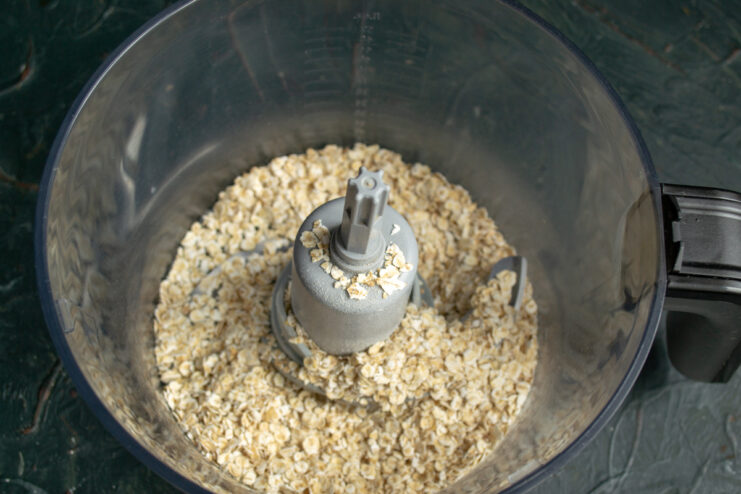 Prepping the crepe batter Quick oats and baking powder in a blender
