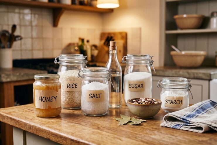 Glass jars labeled with honey, rice, salt, sugar, and starch sitting on a modern kitchen counter.