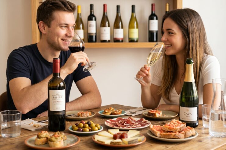 A couple enjoying glasses of wine paired with traditional Spanish tapas dishes