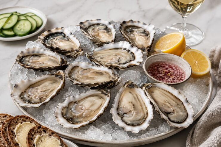 Served Oysters With Mignonette Sauce Platter of freshly opened oysters on ice with mignonette sauce and rye toasts