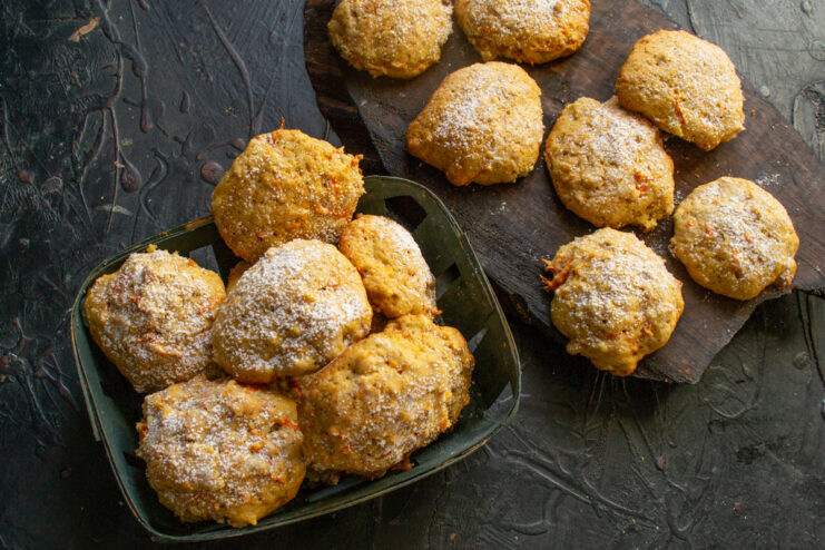 Ready to serve Carrot and peanut cookies served on a dark background