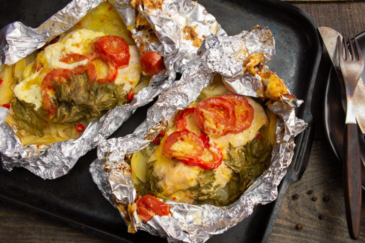 Finished chicken and potato foil packet baked to perfection