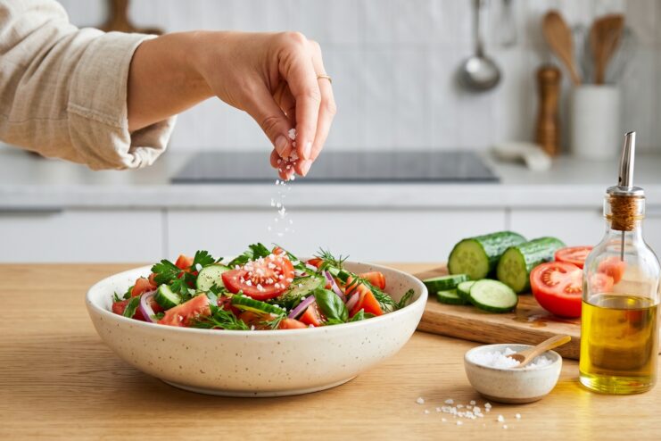 Seasoning a Fresh Vegetable Salad Sprinkling coarse flaky salt over a bowl of freshly chopped crisp vegetable salad