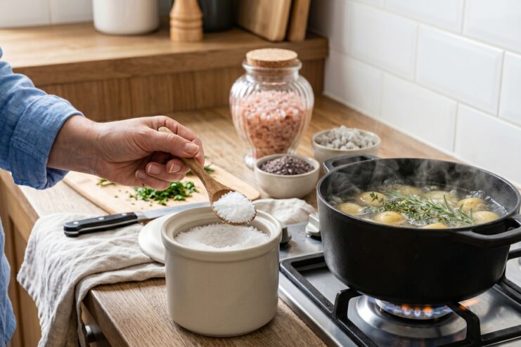 Using Regular Salt for Boiling Vegetables Chef pinches salt from a wooden spoon over a pot of boiling potatoes.
