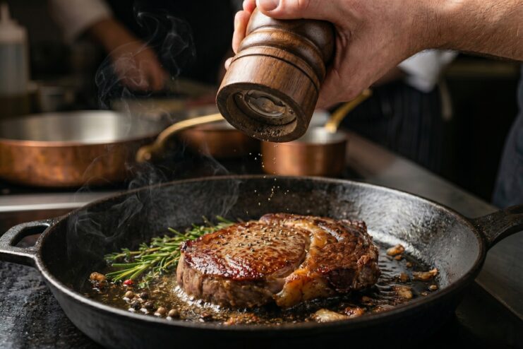 A chef grinding fresh peppercorns from a wooden mill onto a steak cooking in a pan.