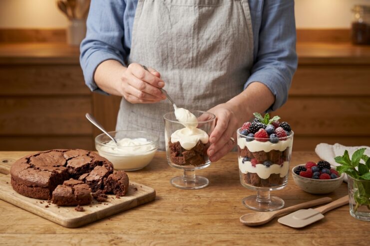 Transforming a mistake into a new dessert Assembling layered desserts in glasses using pieces of chocolate cake, cream, and fresh berries.
