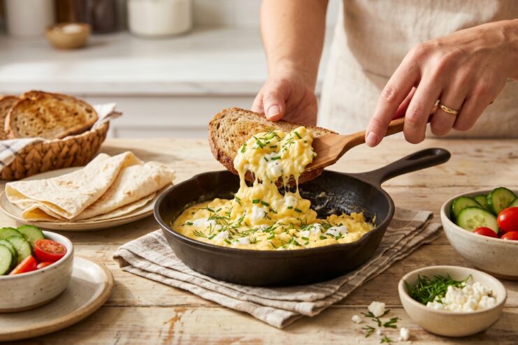 Tender Breakfast Scramble Cooking Cooking soft scrambled eggs in a hot skillet with fresh herbs