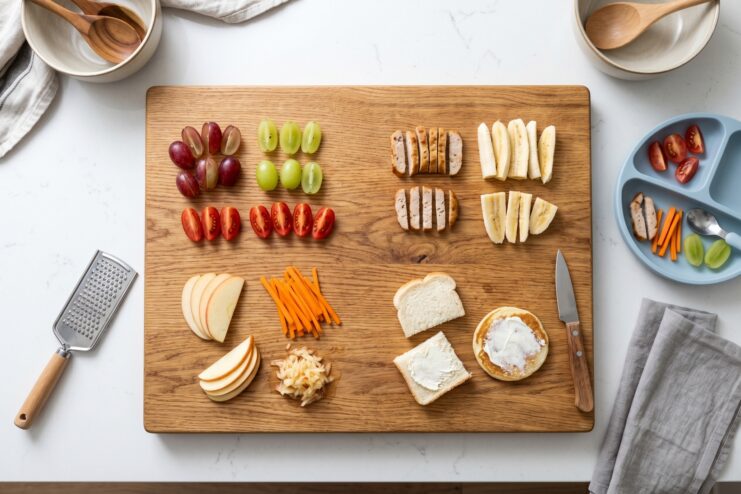 Safe Vegetable and Fruit Serving Options Examples of correctly sliced grapes, bananas, apples, and carrots for young children