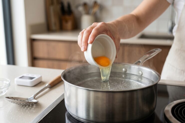 Egg Dropping Technique Carefully sliding a raw egg from a small white cup directly into a pan of simmering water.