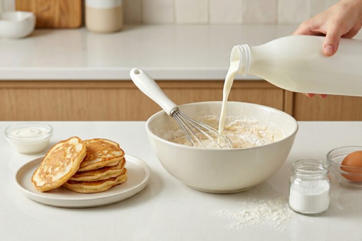 Pouring fresh kefir into a mixing bowl with flour to prepare pancake batter.