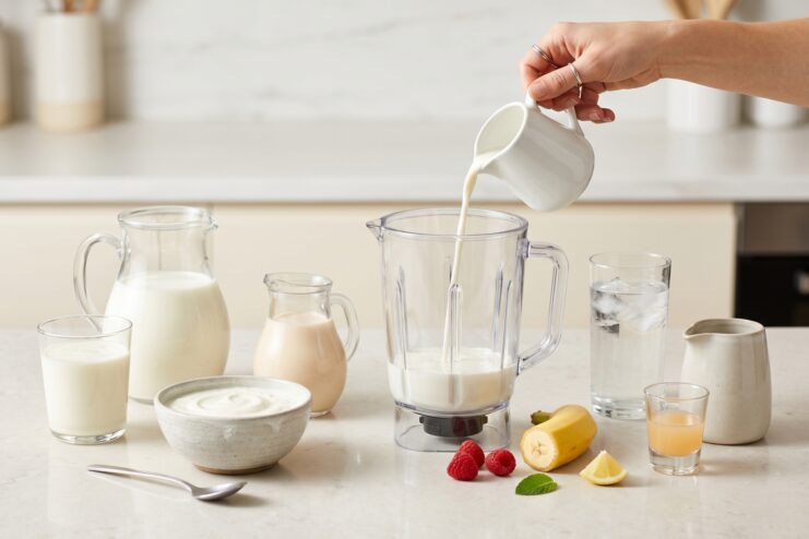 Choosing the Liquid Base Pouring milk into a blender pitcher to prepare a fresh smoothie