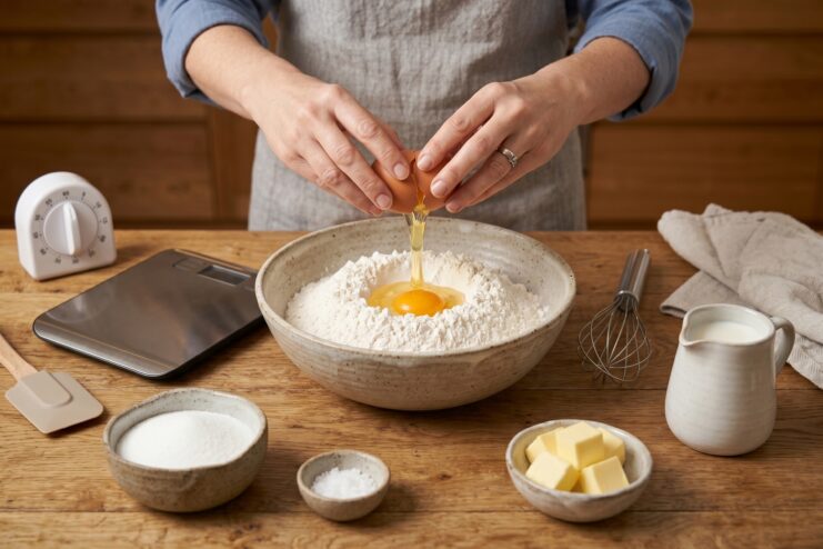 The first step in executing a recipe Adding a cracked egg into a mound of flour to knead dough on a wooden table.