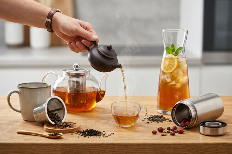 Various Brewing Methods and Teaware Pouring hot tea from a small teapot and a metal thermos filled with red rosehips.