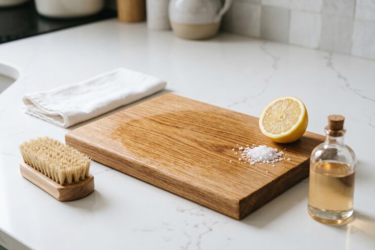 Cleaning a Wooden Board With Salt and Lemon Scrubbing a wooden cutting board with coarse salt and half a lemon on a kitchen countertop