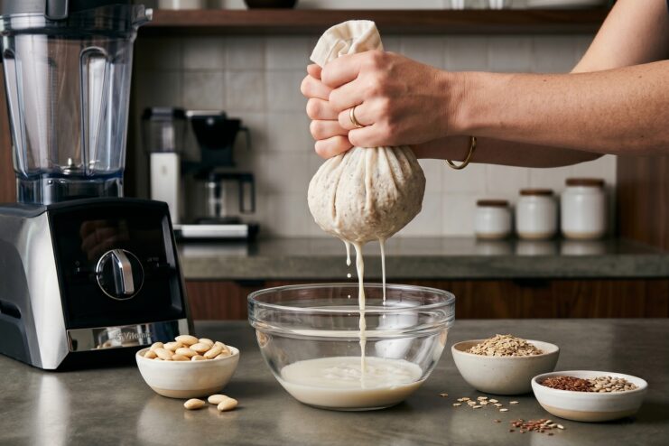 Hands carefully squeezing homemade plant-based milk through a fabric straining bag into a glass bowl