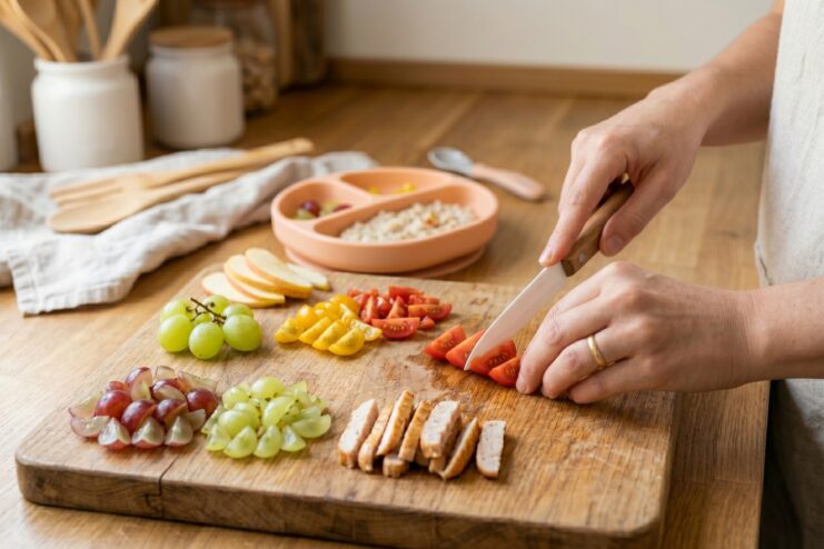 Preparing Safe Food Pieces for a Baby Properly quartered cherry tomatoes ready for safe baby-led weaning