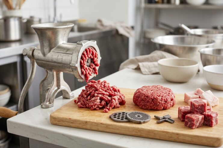 Manual meat grinder processing fresh meat Fresh meat being processed through a vintage manual metal meat grinder.