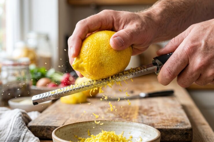 Microplane grater zesting a lemon Process of zesting a fresh lemon using a narrow, sharp Microplane grater over a cutting board.