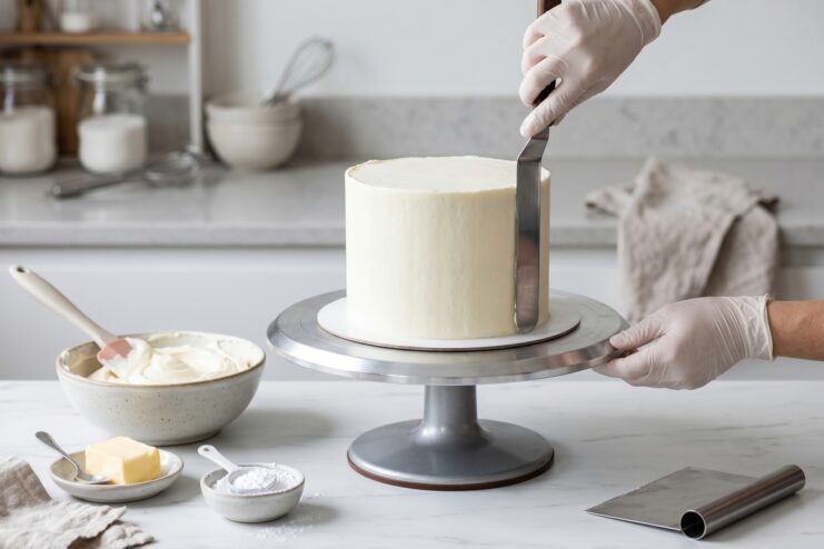 Pastry chef using a bench scraper to smooth butter-based cream cheese frosting on a tall cake