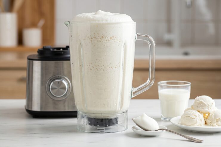 Blending the Milkshake A stand blender running at high speed whipping a milk and ice cream mixture into a tall foam.