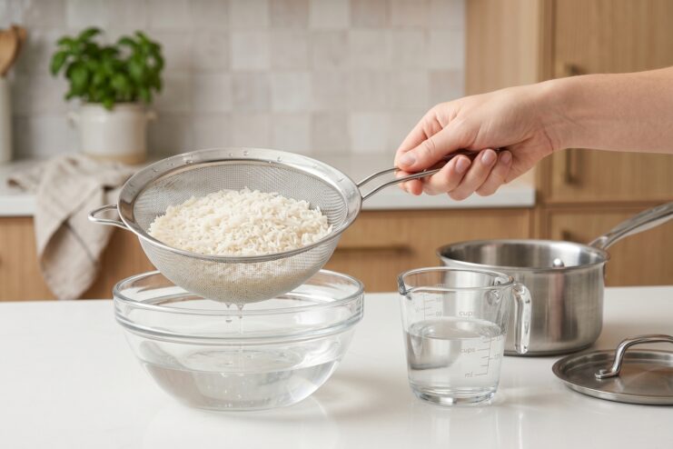 Rinsing Rice Properly Rinsing rice in a fine mesh strainer under running water