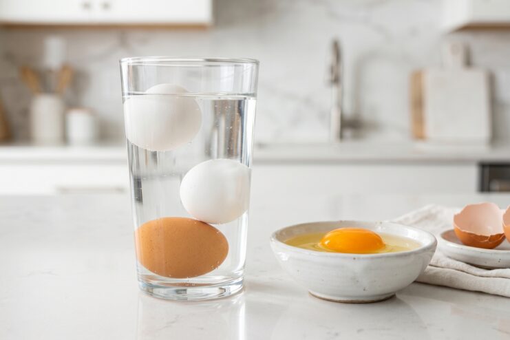 Egg Water Freshness Test Testing egg freshness in a glass of water showing one sunken egg and one floating on the surface.