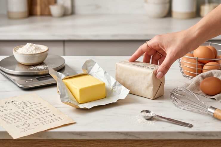 Baker inspecting a butter wrapper checking the fat percentage and ingredients before starting a recipe