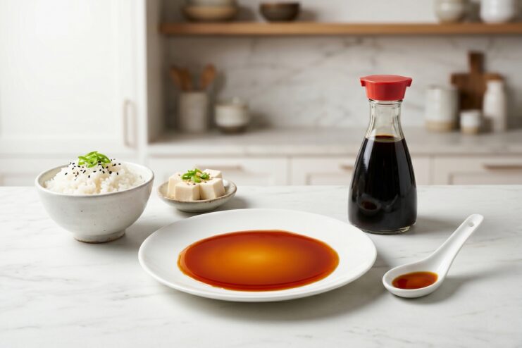 Checking the Quality and Color of Soy Sauce Transparent amber soy sauce pooling on a white plate placed next to a bowl of steamed rice