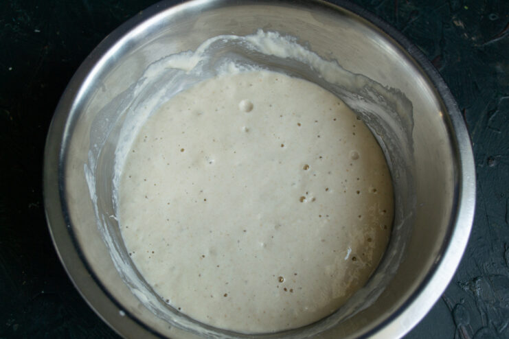 Preparing the sourdough starter Active wheat sourdough starter bubbling in a bowl