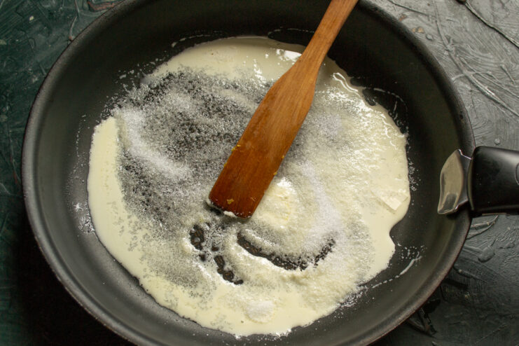 Making the Caramel Melting sugar and butter together to form caramel in a skillet
