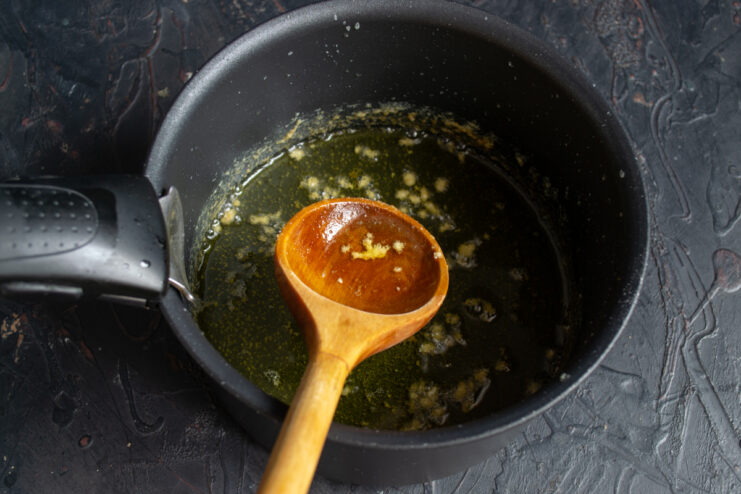 Golden brown butter Melted golden brown butter bubbling in a pan