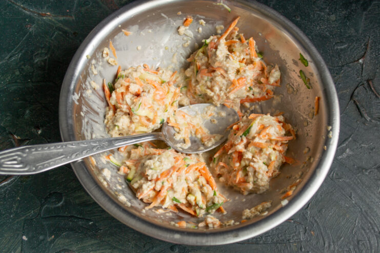 Portioning the vegetable batter Vegetable batter separated into four even portions