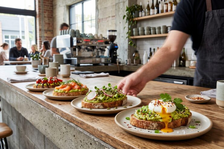 Assortment of Avocado Toasts in a Cafe Multiple variations of avocado toasts displayed on a rustic cafe counter