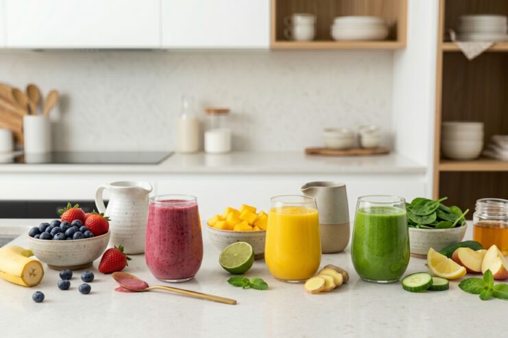 Flavor Combinations and Accents Various smoothie options featuring additions like ginger, lime, blueberries, and fresh greens
